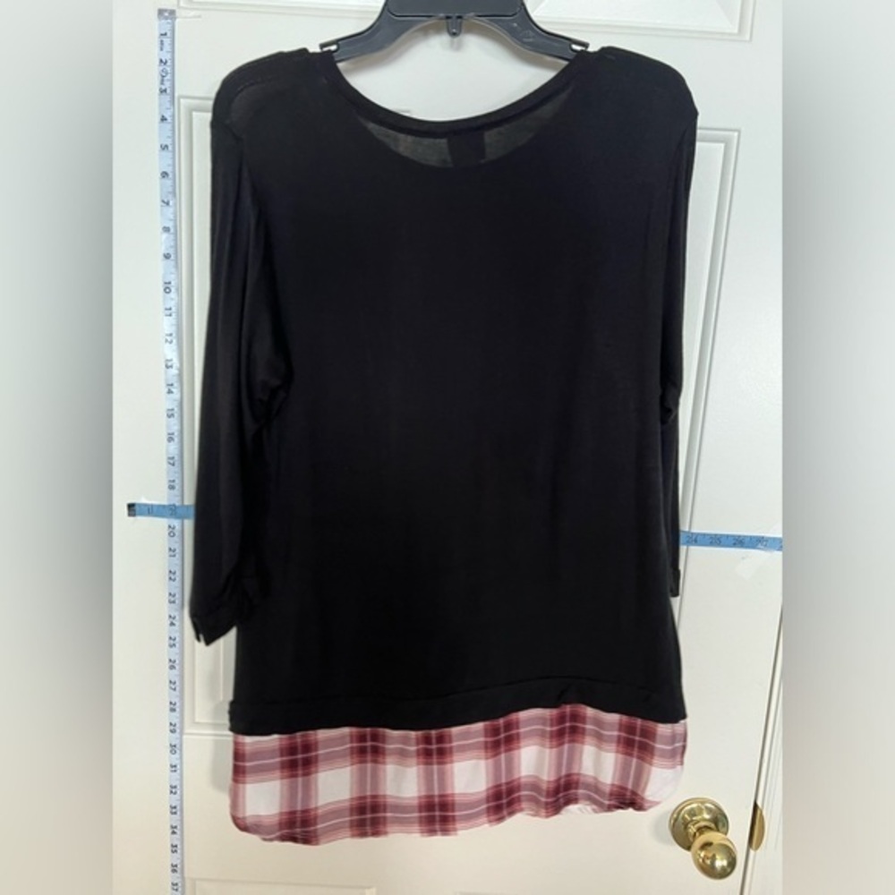 Como Vintage Black Plaid Hem Tunic Sleeve Layered Look Top M